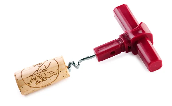 Corkscrew met rode handvat geïsoleerd — Stockfoto