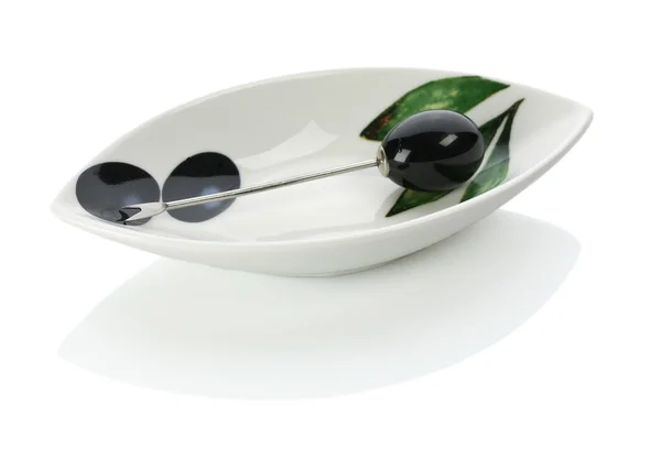 Plate for olive with skewer with handle of olive — Stock Photo, Image