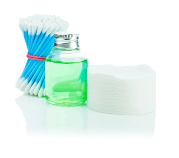 Cotton pad and swab with small bottle of gel — Stock Photo, Image