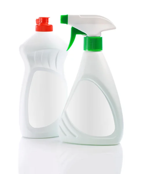 Twee witte spray schoon flessen — Stockfoto