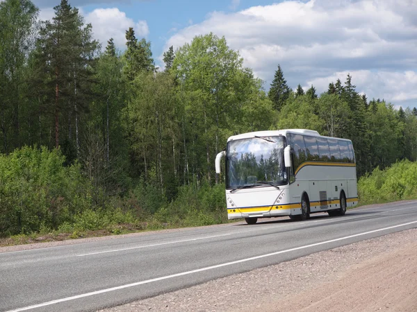 Ônibus turístico branco na estrada do país — Fotografia de Stock