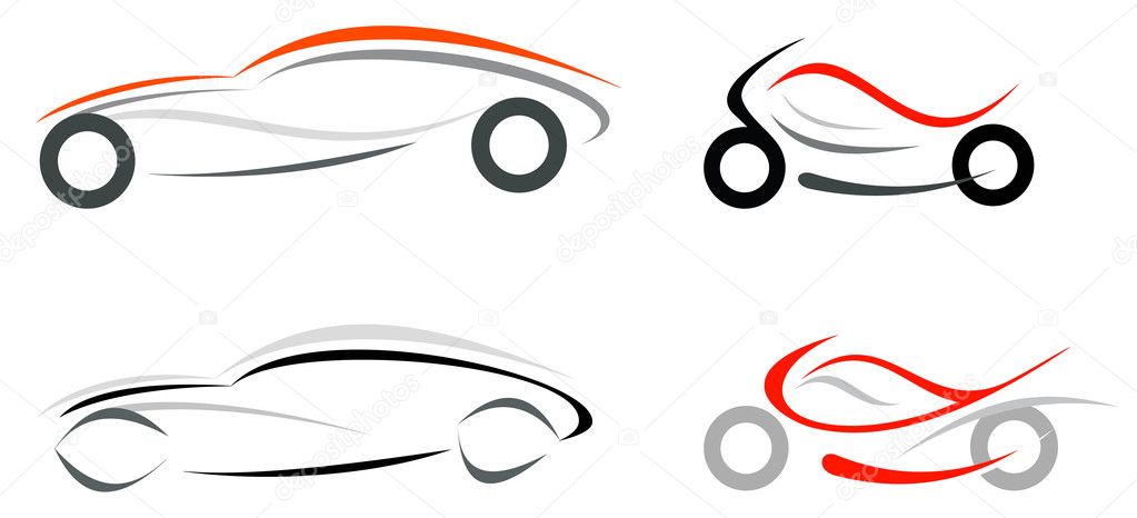 Motorcycle and sportive car on white background - vector isolated illustration. Can be used as logo or emblem. Modern vehicles.