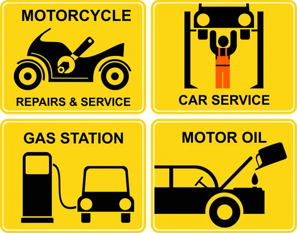 Αυτόματη υπηρεσία, επισκευές μοτοσικλετών, αλλαγή λαδιού κινητήρα, βενζινάδικο - — Διανυσματικό Αρχείο