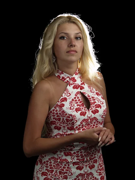 Hete blonde in decoratieve jurk — Stockfoto