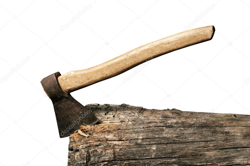 Axe sticked in the beam isolated over white background