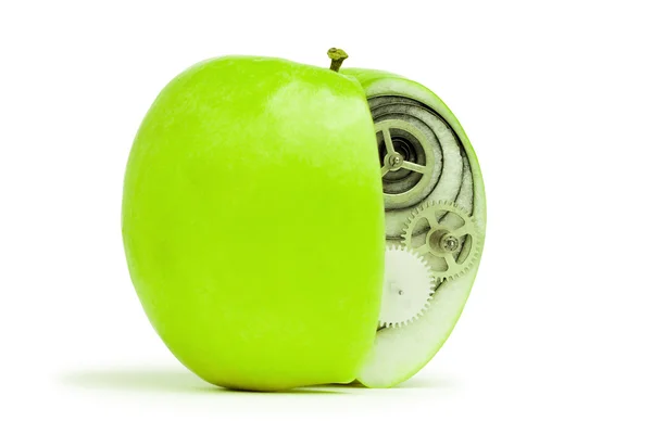 Frischer grüner Apfel mit Mechanismus im Konzept — Stockfoto