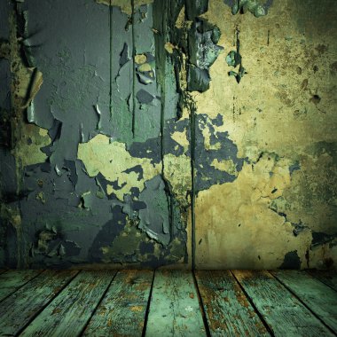 Grunge painted wall and wooden floor in a room clipart