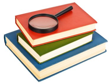 Magnifying glass on a pile of books clipart