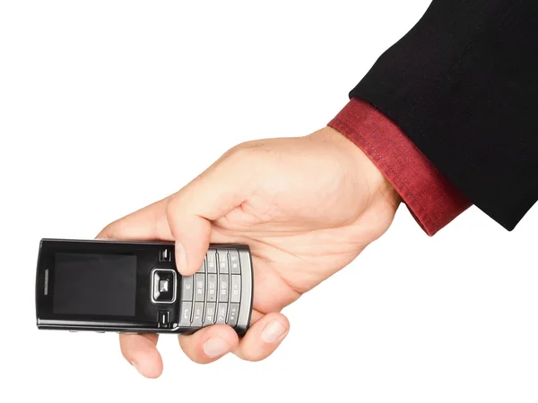 Деловой человек держит в руках мобильный телефон — стоковое фото