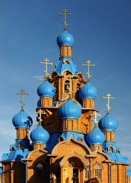 stock image Wooden Church with Blue Domes