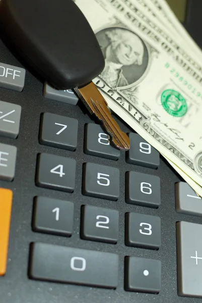 Calculator, momey and car key — Stock Photo, Image