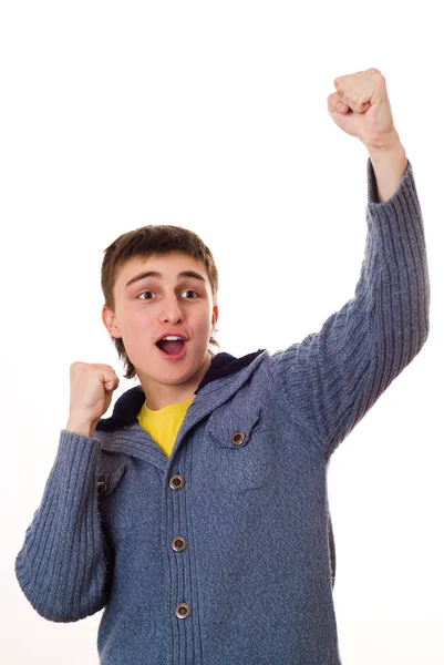 Teenager is happy in a blue jacket — Stock Photo, Image