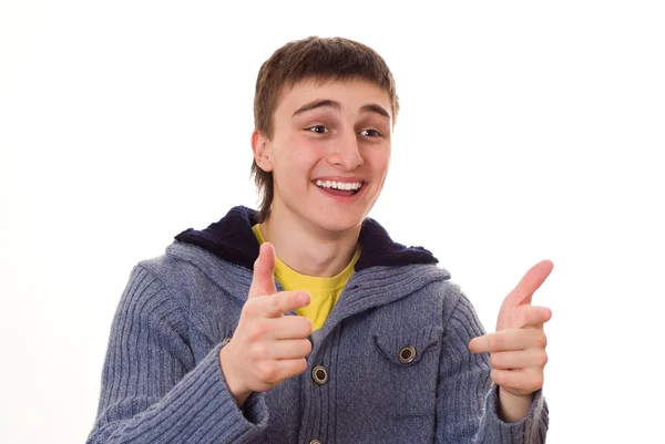 Tonåring i en blå jacka skrattar — Stockfoto