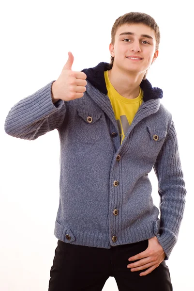 Έφηβος σε ένα μπλε σακάκι είναι ικανοποιημένοι — Φωτογραφία Αρχείου