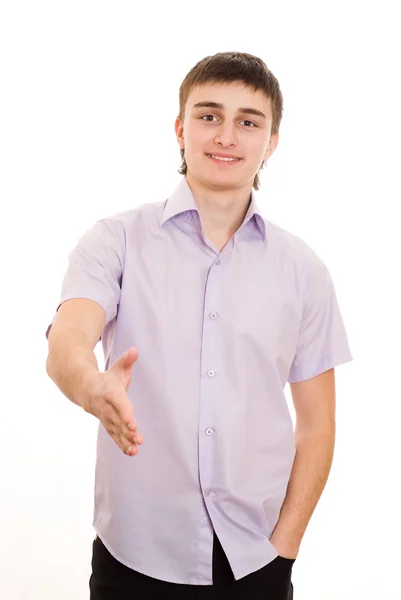 Tonåring i en lila skjorta står — Stockfoto