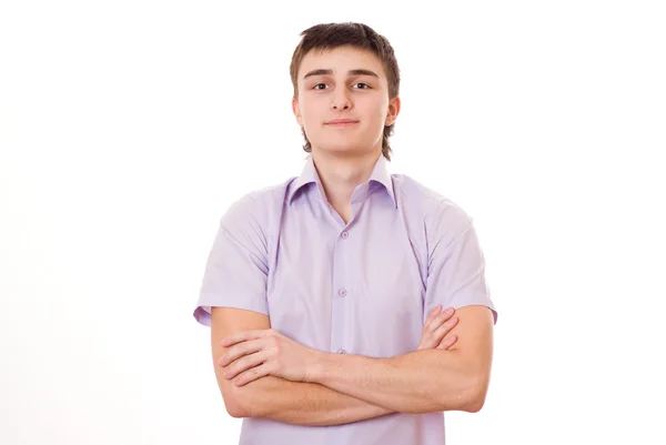 Χαριτωμένος έφηβος σε ένα μωβ πουκάμισο — Φωτογραφία Αρχείου
