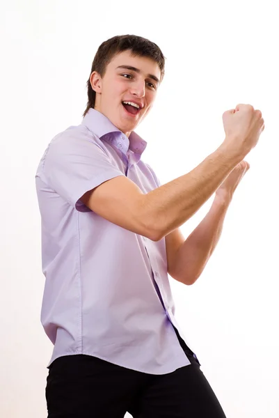Tonåring i en lila skjorta mot — Stockfoto