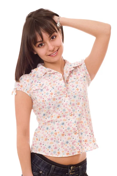 Mladá dívka s úsměvem na bílé — Stock fotografie