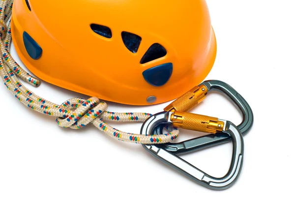 Isolated carabiners and orange helm — Stock Photo, Image