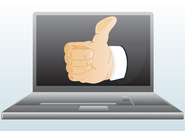 Laptop. Modern technology. On the screen indicating the hand gesture for 