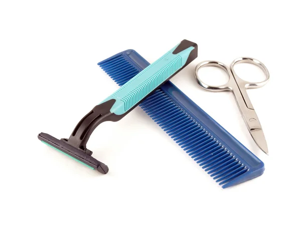 Navaja de afeitar, tijeras y peine —  Fotos de Stock