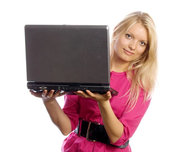 Fiatal businesslady laptop흰색 바탕에 파란색 페인트 브러쉬 — Stock Fotó