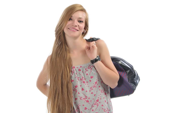 Long-haired beautiful girl with road bag — Stock Photo, Image
