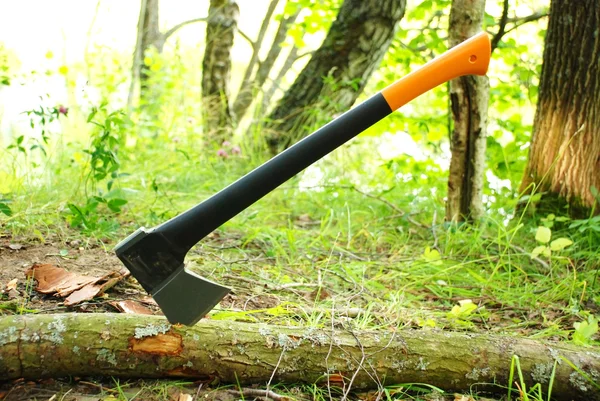 stock image An ax stuck in a tree