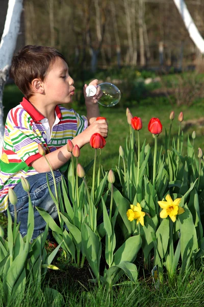 Chlapec s tulipány mýdlová bublina — Stock fotografie