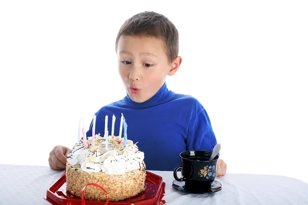 stock image Boy with birthday cake isolated on white