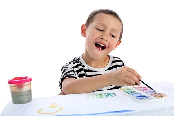 Rapaz desenhar um quadro isolado no branco — Fotografia de Stock