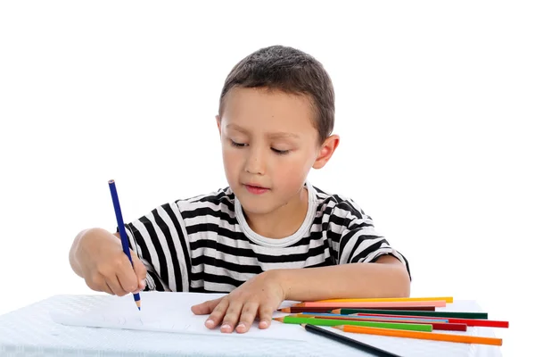 白で隔離される鉛筆を持つ少年 — ストック写真
