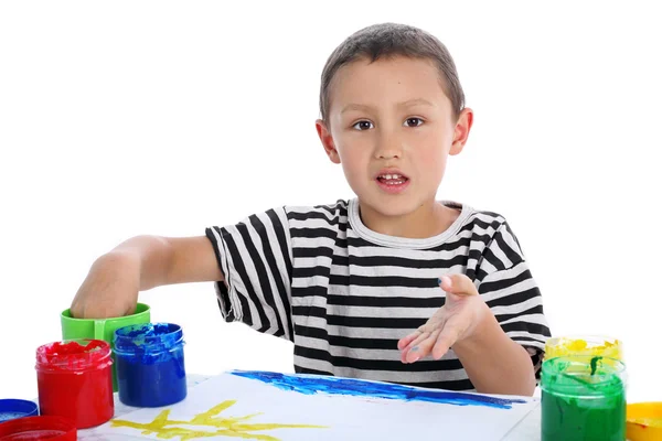 Boy paint with help her fingers — Stock Photo, Image