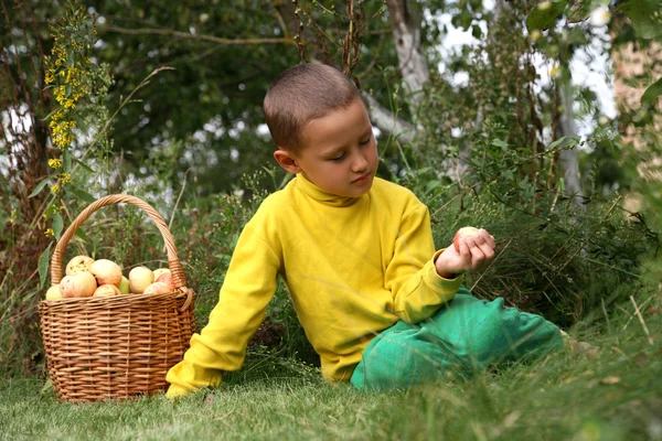 Kleiner Junge mit Äpfeln — Stockfoto