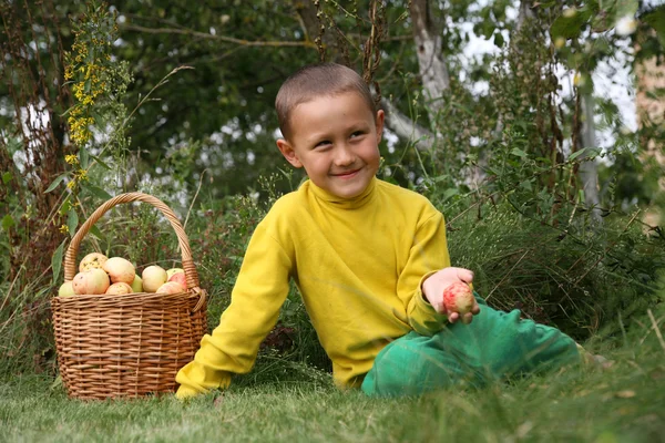 Хлопчик з яблуками — стокове фото