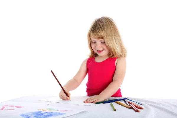 Mädchen zeichnen ein Bild isoliert auf weiß — Stockfoto