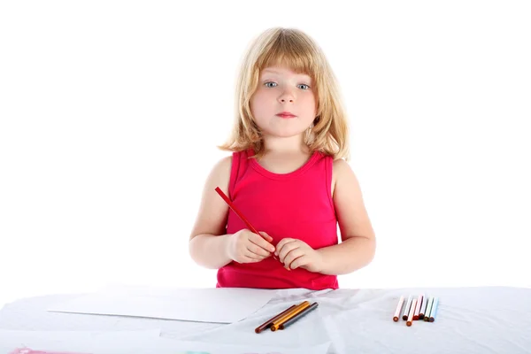Menina desenhar um quadro isolado no branco — Fotografia de Stock