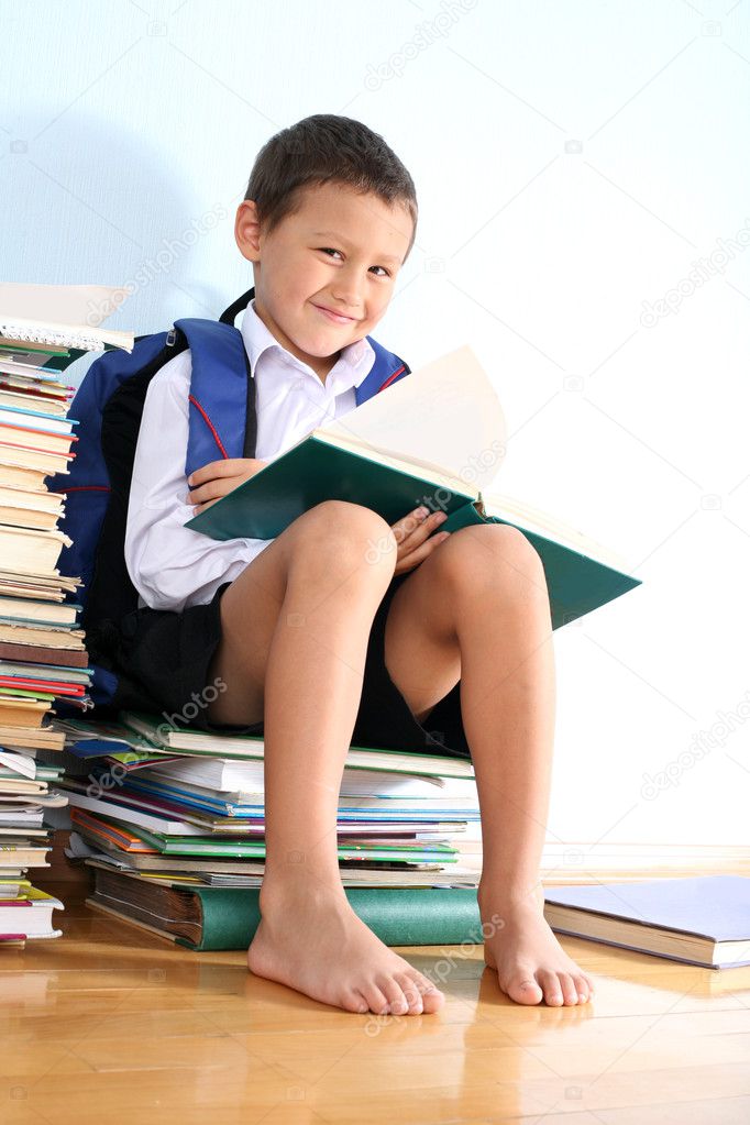 Schoolboy on the heap of books