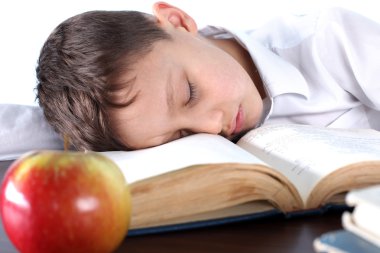 Boy sleeping on book at apple