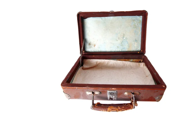 Stoffige open bruinleren koffer — Stockfoto