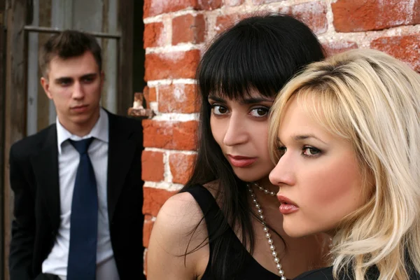 Jealousy - two girl and man — Stock Photo, Image