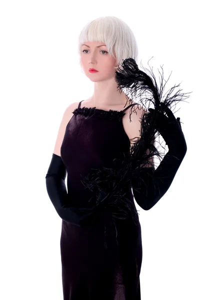 Vrouw in retro stijl met zwarte veer — Stockfoto