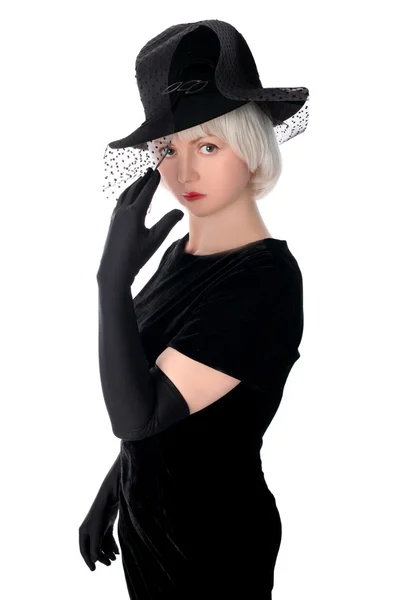 Lovely woman in hat hiding at veil — Stock Photo, Image