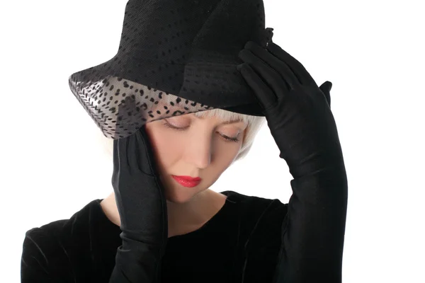 Sad woman in hat hiding at veil — Stock Photo, Image