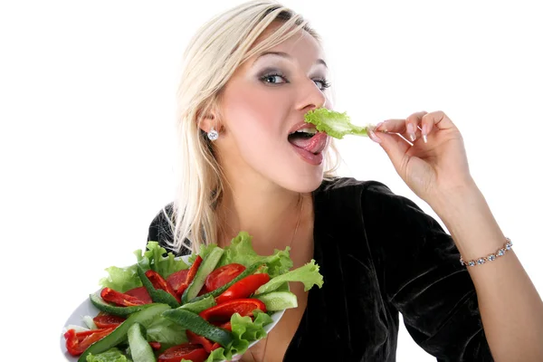 Meisje met salade geïsoleerd op wit — Stockfoto