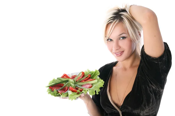 Girl with salad isolated on white — Stock Photo, Image
