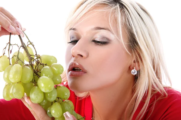 Girl with fresh grape isolated on white — Stock Photo, Image