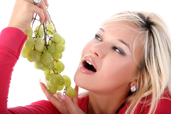 Girl with fresh grape isolated on white — Stock Photo, Image