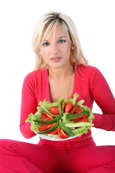 Lány, elszigetelt fehér salátával — Stock Fotó