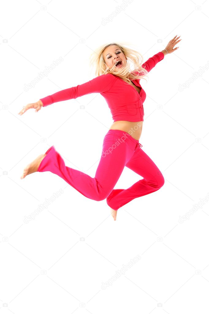 Jumping sport girl isolated on white